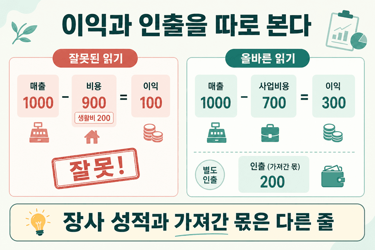 이익과 인출을 따로 본다 — 생활비를 비용에 넣으면 이익이 가짜로 깎인다.