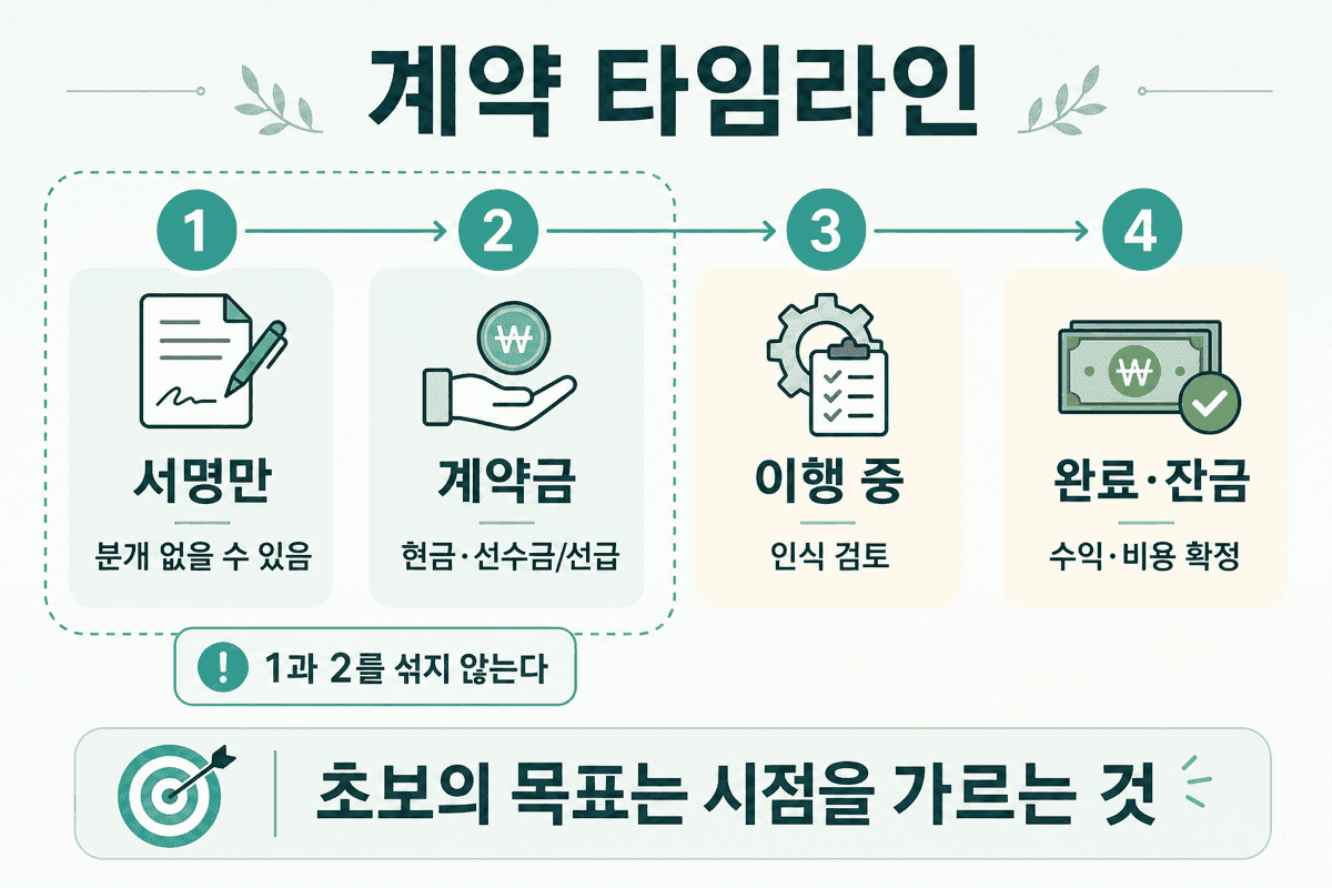 계약 타임라인 — 서명만과 계약금을 섞지 않는 것이 초보 단계의 목표다.