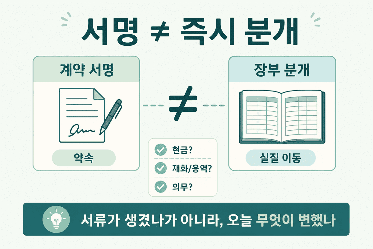 서명 ≠ 즉시 분개 — 서류가 생겼는지가 아니라, 오늘 무엇이 변했는지를 묻는다.