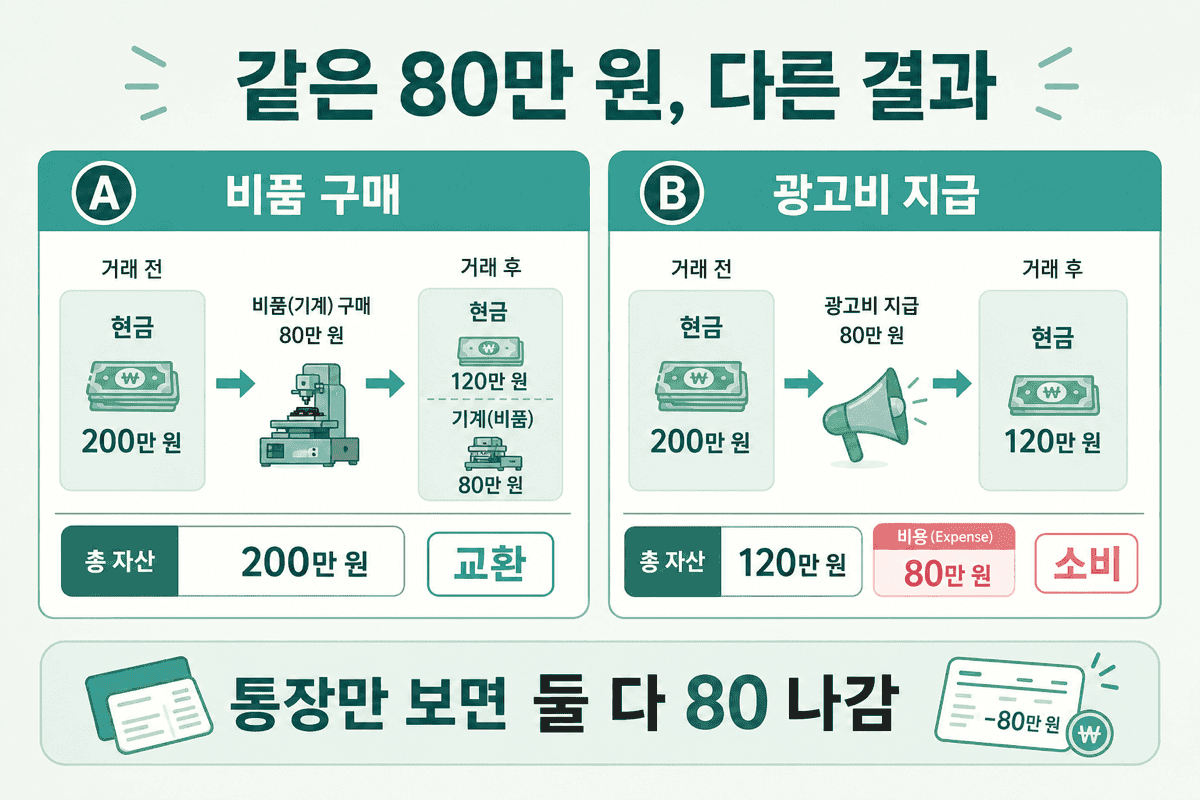 같은 80만 원, 다른 결과 — 비품 구매는 교환, 광고비는 소비다.
