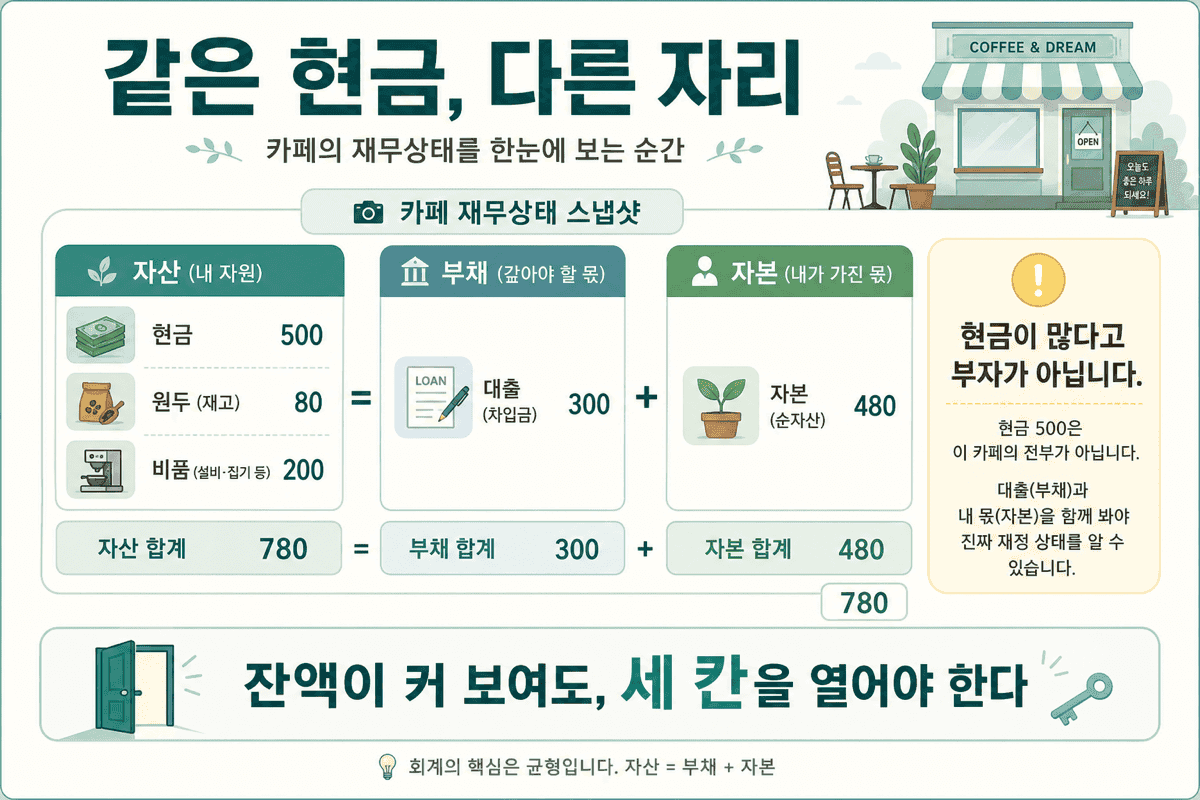같은 현금, 다른 자리 — 현금만 보면 부자처럼 보여도, 부채와 자본을 열어야 한다.
