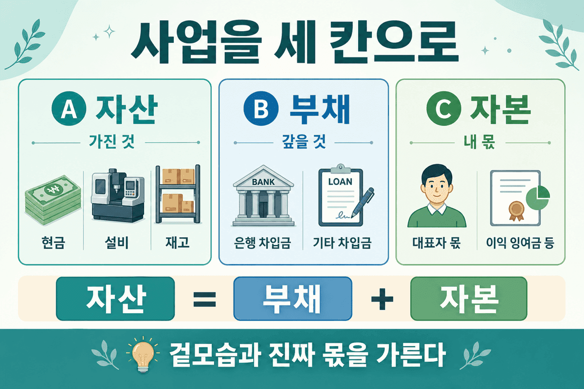 사업을 세 칸으로 — 자산(가진 것), 부채(갚을 것), 자본(내 몫). 자산 = 부채 + 자본.