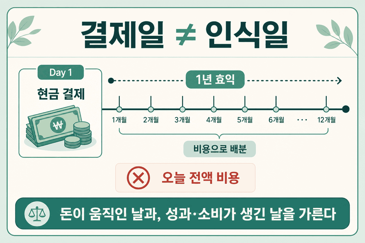 결제일 ≠ 인식일 — 현금이 움직인 날과 효익·성과가 생기는 날을 가른다.