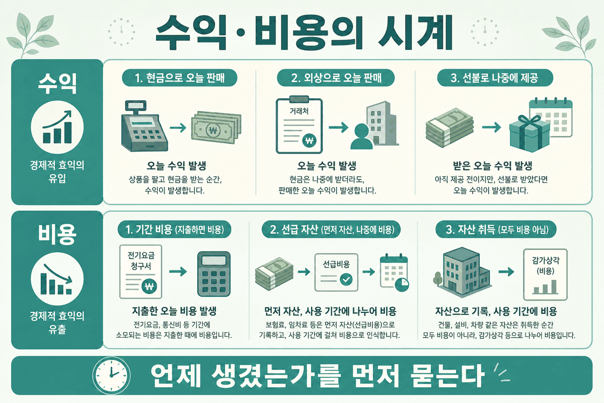 수익·비용의 시계 — 현금 매출·외상·선수금 / 기간비용·선급·자산 구매를 시점으로 가른다.