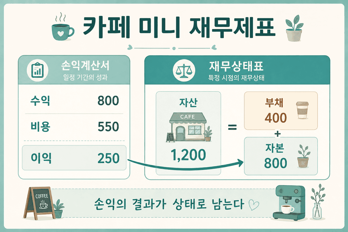 카페 미니 재무제표 — 손익의 이익이 자본으로 연결되어 상태가 된다.