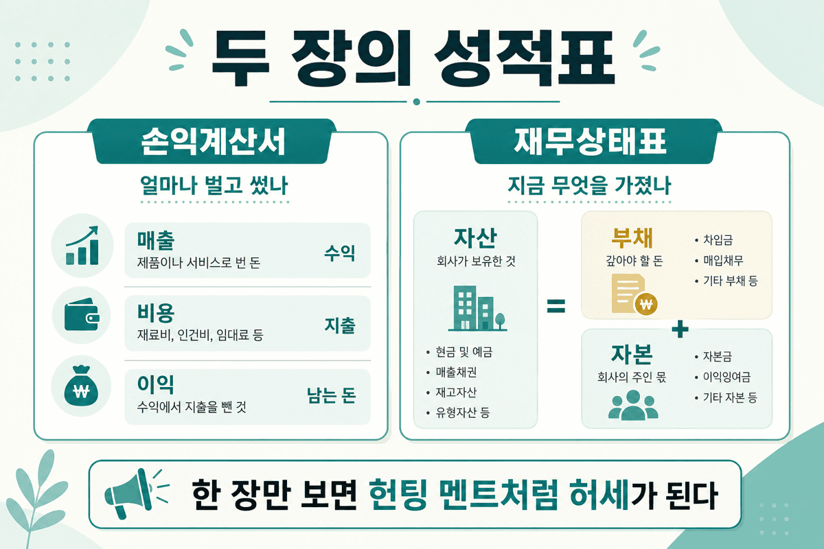 두 장의 성적표 — 손익계산서(얼마나 벌고 썼나)와 재무상태표(지금 무엇을 가졌나).