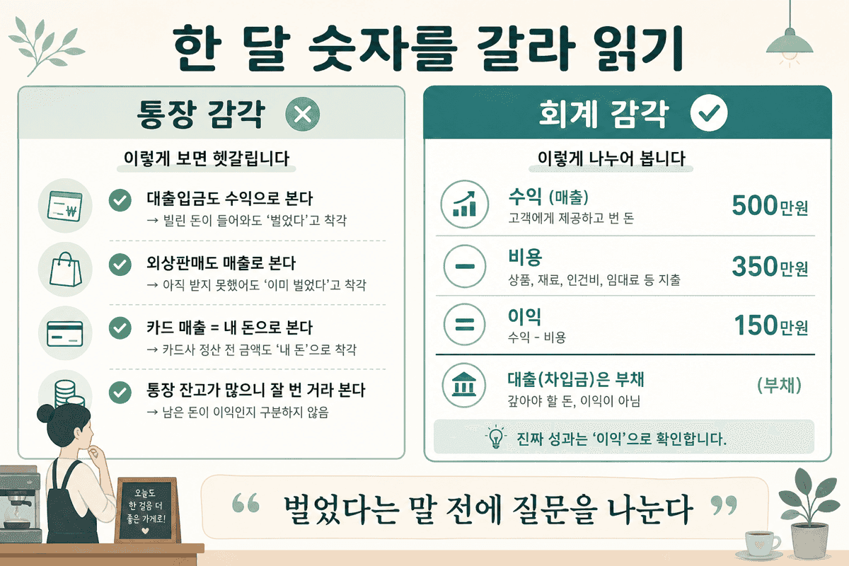 한 달 숫자를 갈라 읽기 — 통장 감각과 회계 감각은 ‘벌었다’의 범위가 다르다.