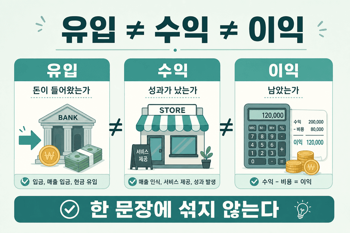 유입 ≠ 수익 ≠ 이익 — 돈이 들어왔는지, 성과가 났는지, 남았는지는 서로 다른 질문이다.