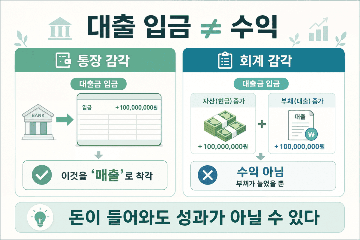 대출 입금 ≠ 수익 — 통장 감각과 회계 감각은 ‘벌었다’의 범위가 다르다.