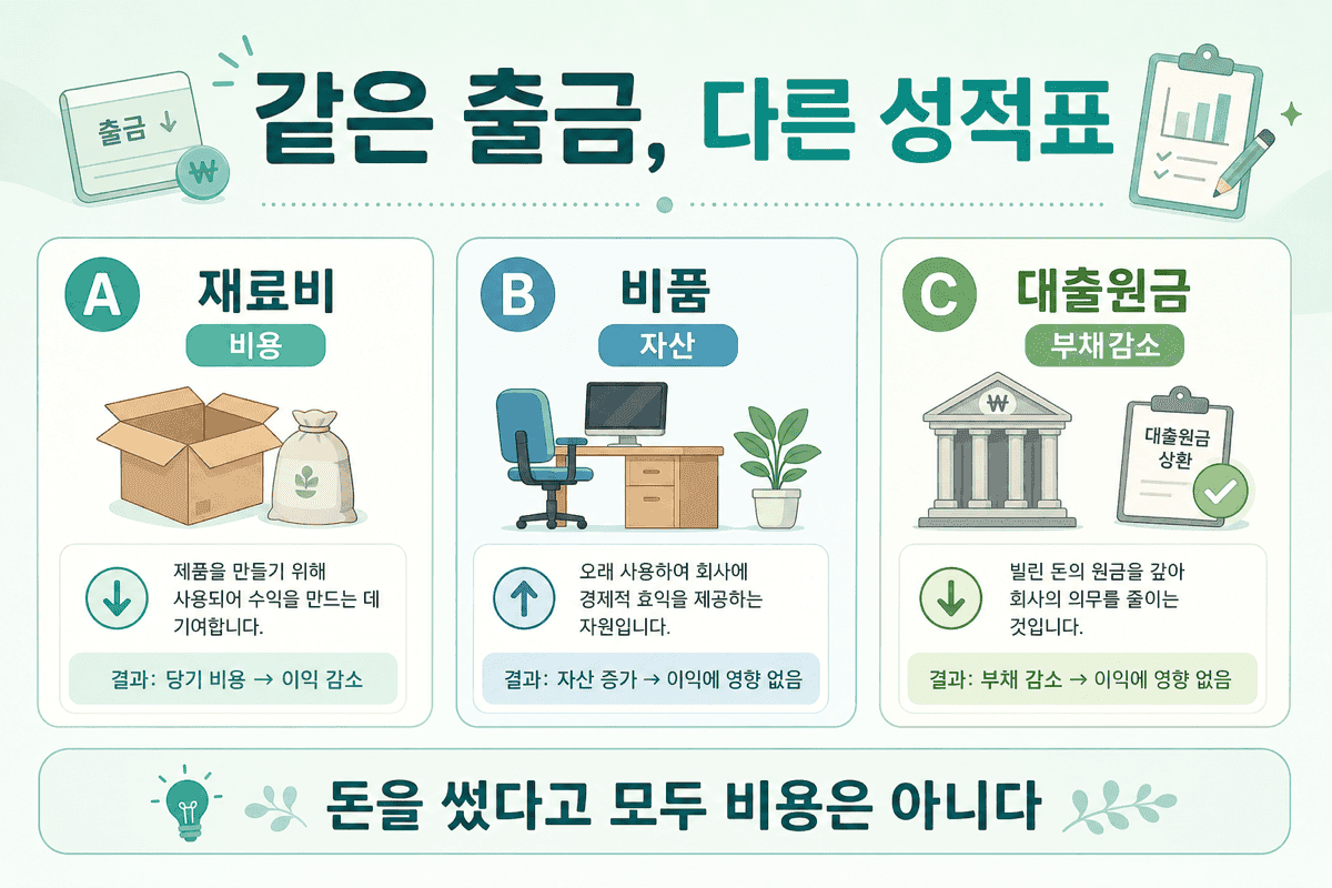 같은 출금, 다른 성적표 — 재료비·비품·대출 원금은 의미가 갈린다.