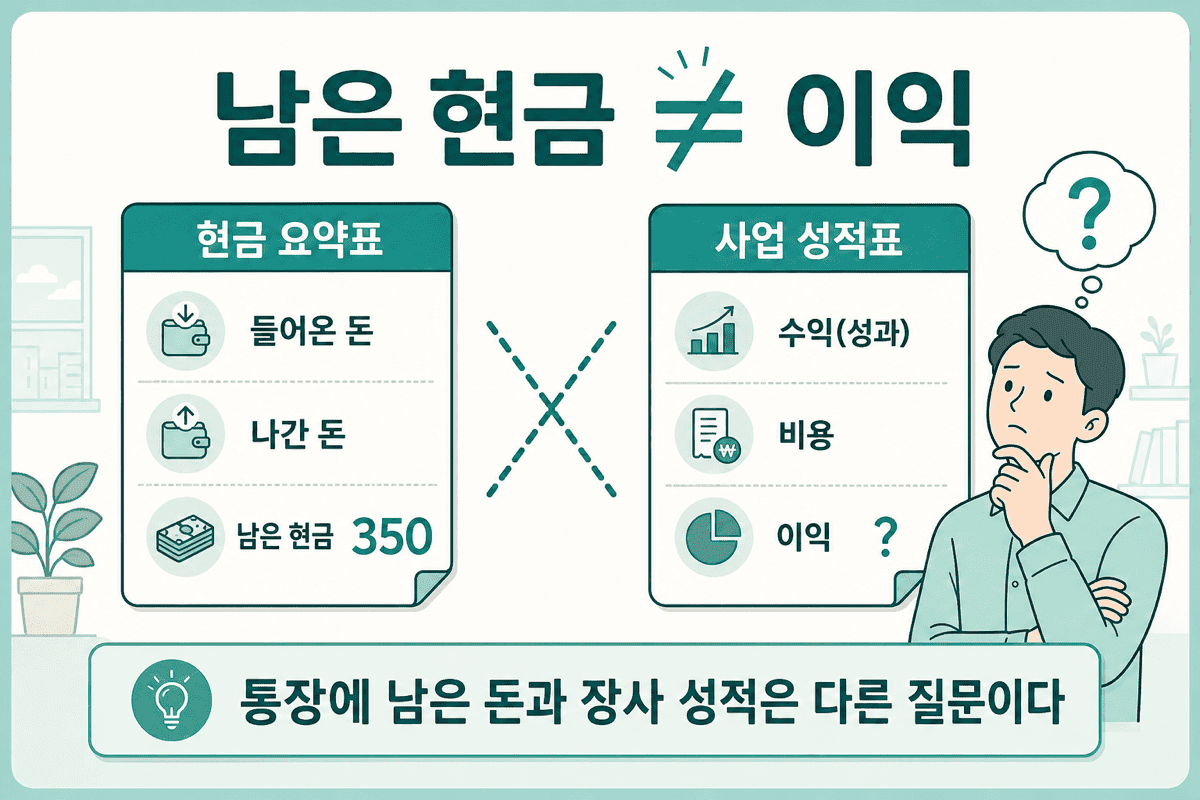 남은 현금 ≠ 이익 — 현금 요약표의 350과 사업 성적표의 이익은 같은 질문이 아니다.