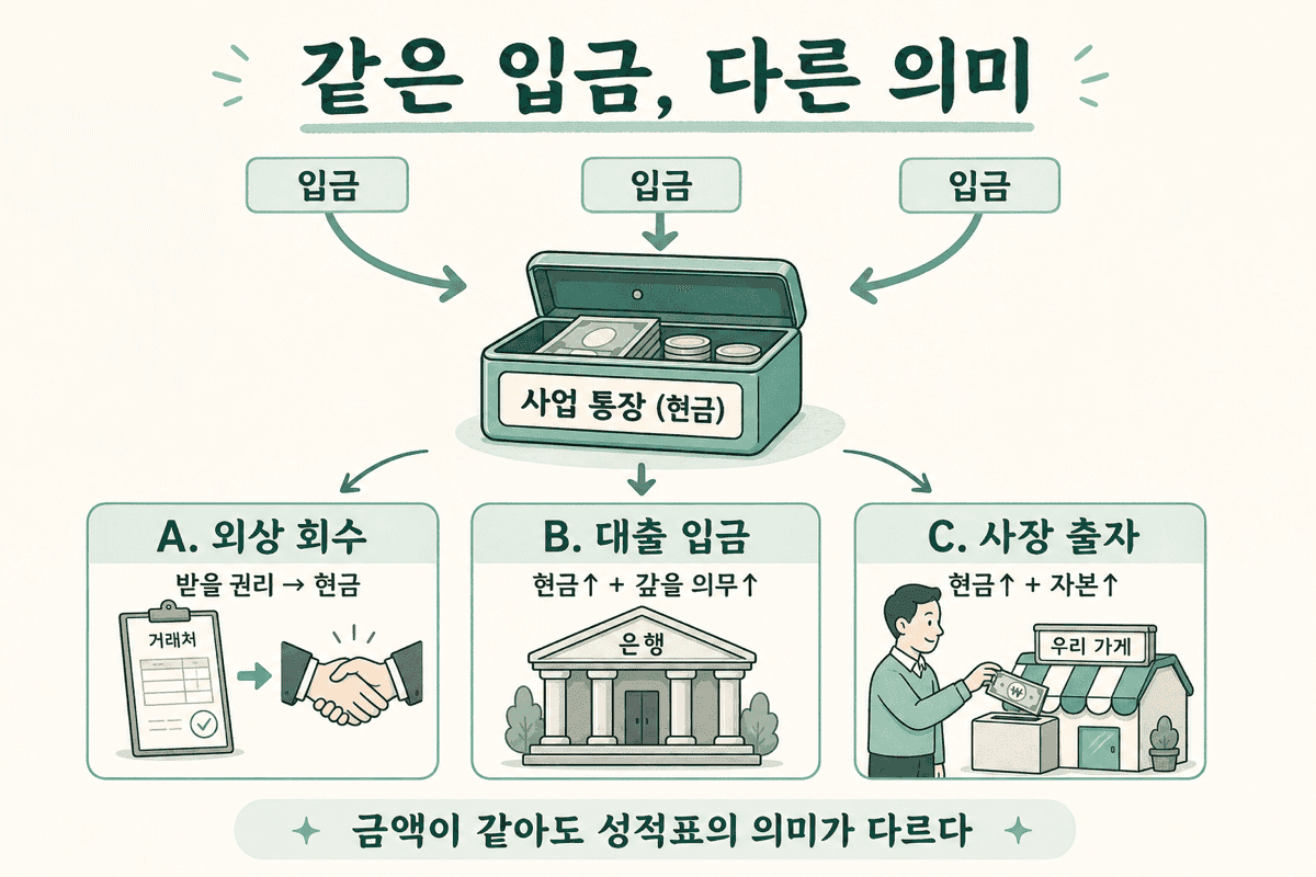 같은 입금, 다른 의미 — 사업 통장으로 들어온 돈이 외상 회수·대출 입금·사장 출자로 갈라진다.