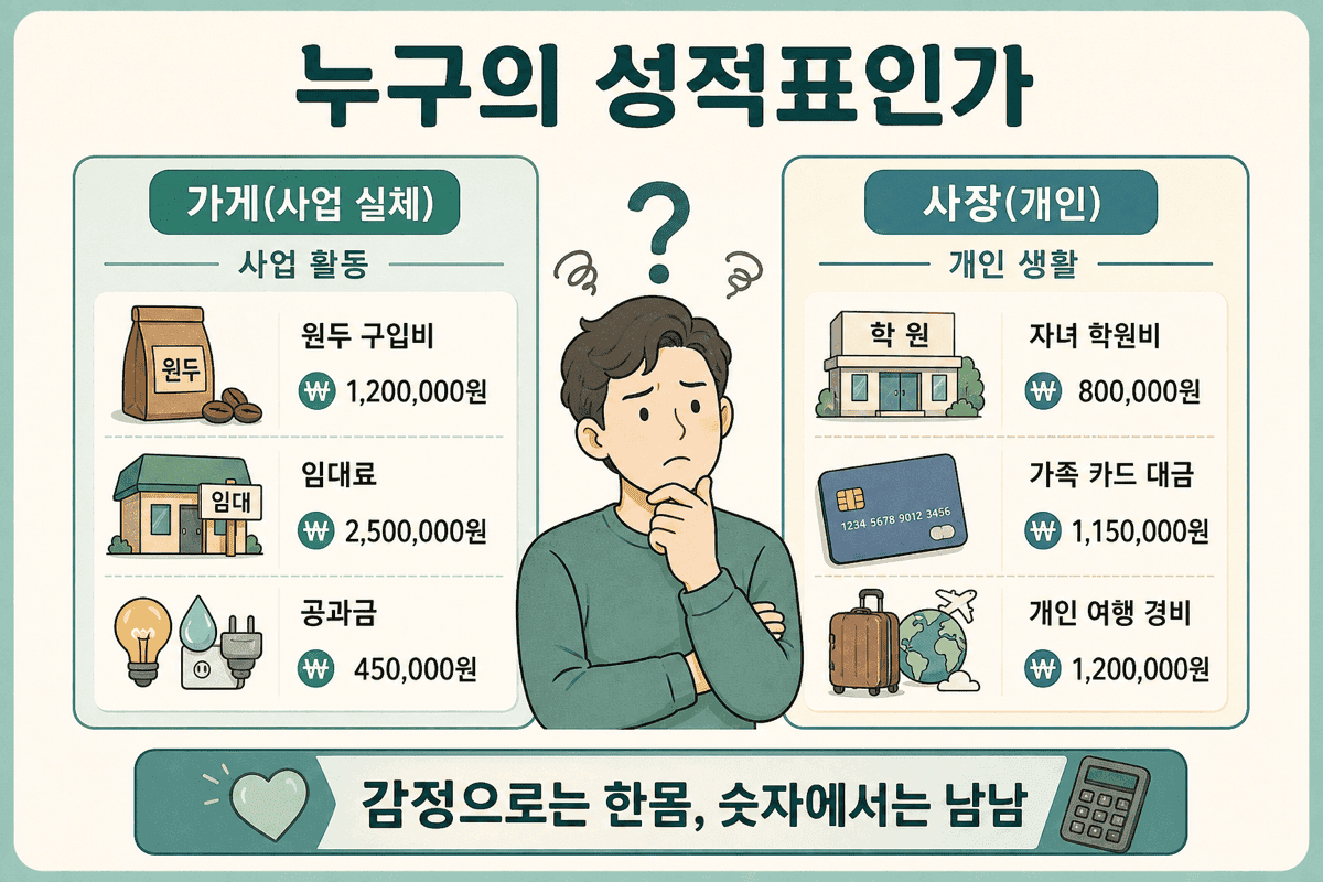누구의 성적표인가 — 가게(사업 실체)의 활동과 사장(개인)의 생활이 같은 장부에 섞이면 안 된다.