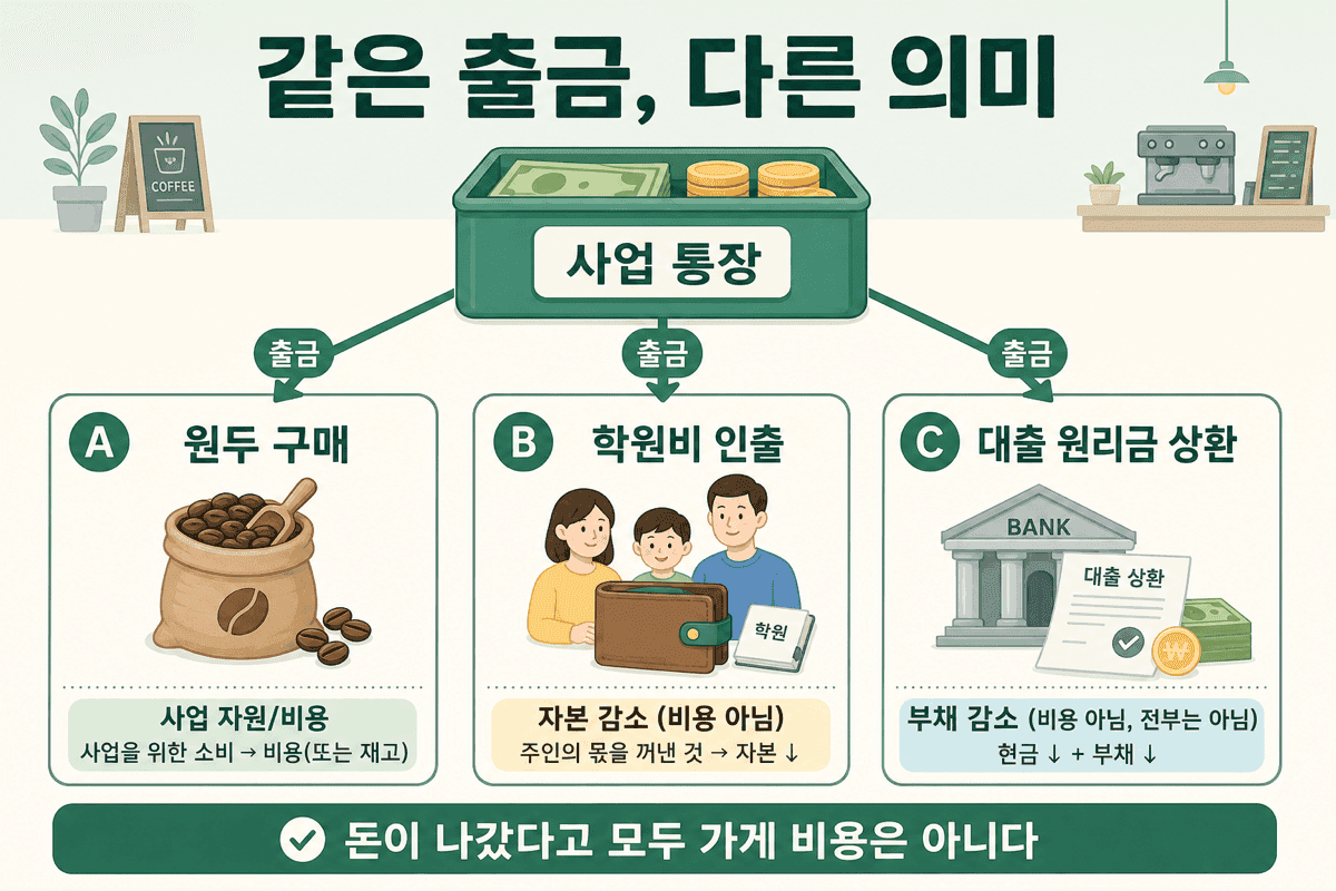 같은 출금, 다른 의미 — 사업 통장에서 나간 돈이 원두 구매·학원비 인출·대출 상환으로 갈라진다.