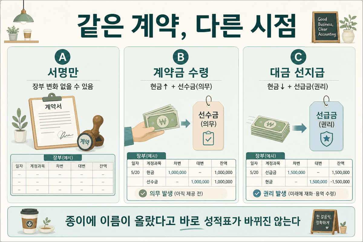 같은 계약, 다른 시점 — 서명만 / 계약금 수령 / 대금 선지급은 장부에 찍히는 모습이 다르다.