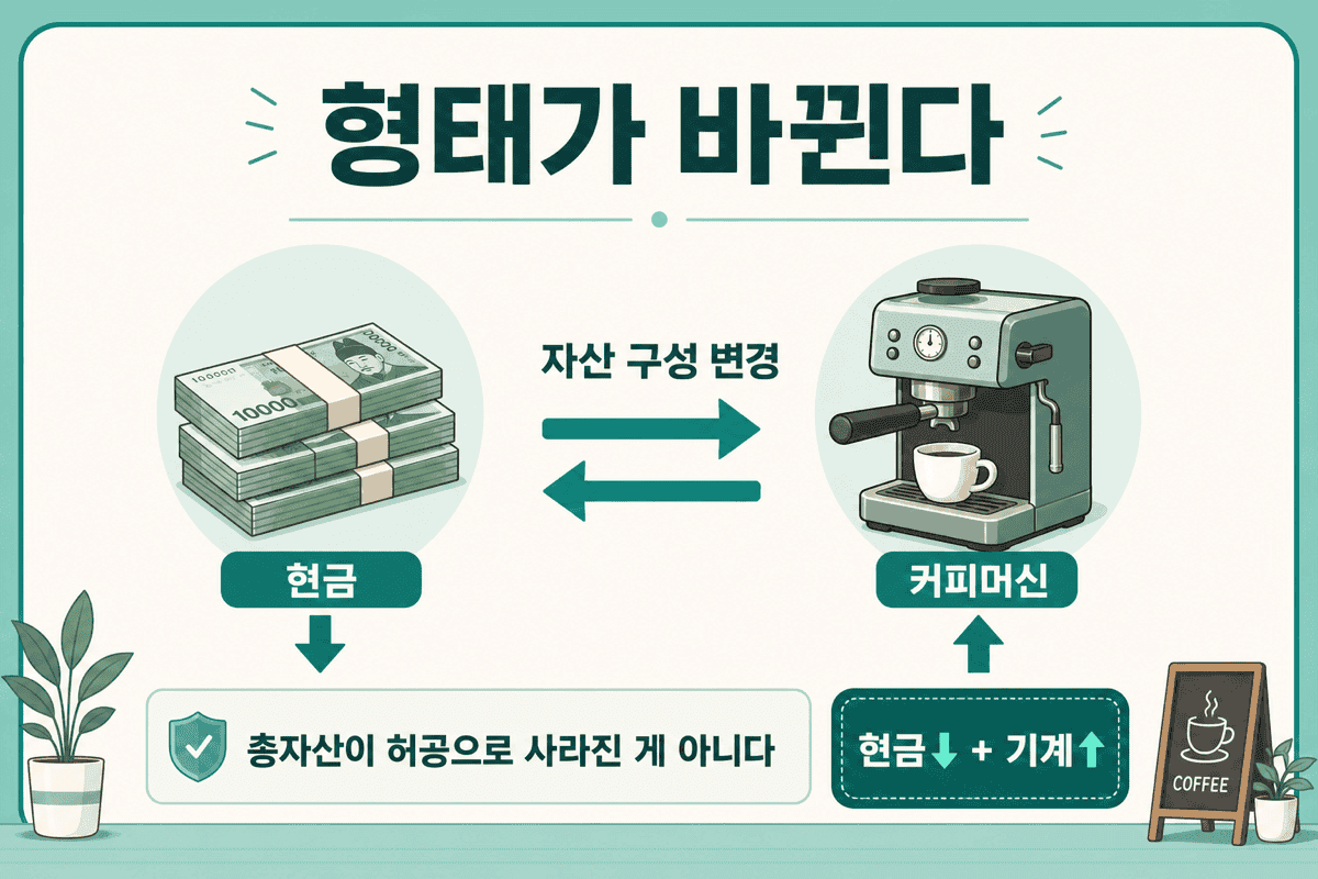 형태가 바뀐다 — 현금이 줄고 커피머신이 늘면, 총자산이 허공으로 사라진 것이 아니다.