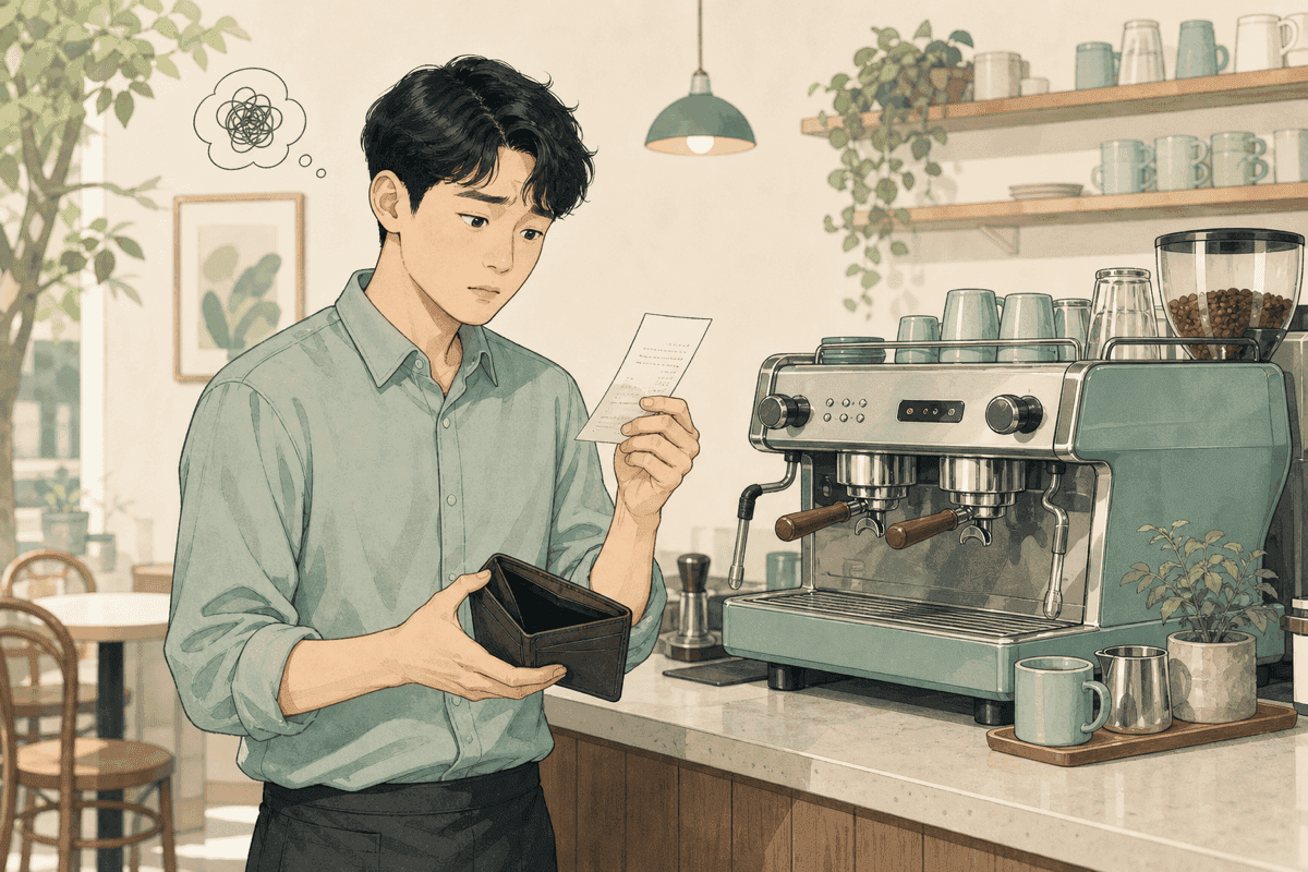 새 커피머신과 영수증을 보며 당황한 준수. 현금이 나간 만큼 자산이 사라졌다고 생각한다.