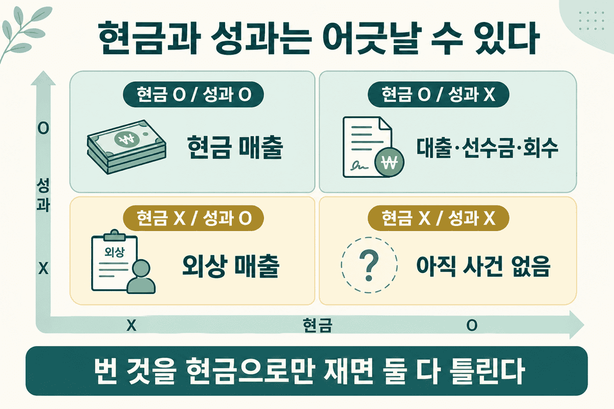 현금과 성과는 어긋날 수 있다 — 현금이 있어도 성과가 아닐 수 있고, 현금이 없어도 성과일 수 있다.