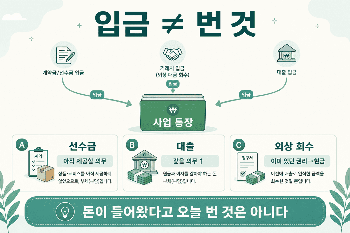 입금 ≠ 번 것 — 선수금·대출·외상 회수는 모두 입금이지만, 오늘 새로 번 것이 아닐 수 있다.