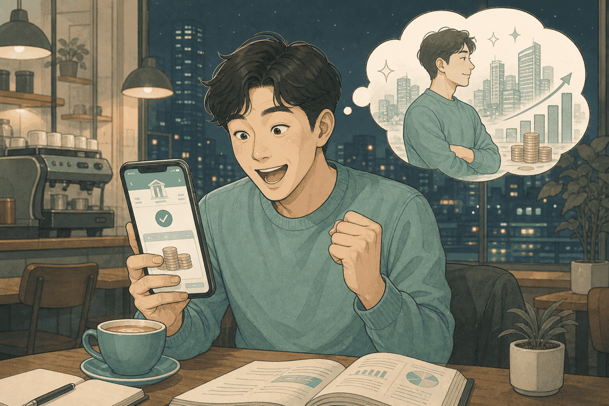 큰 입금 알림을 보며 기뻐하는 준수. 통장에 돈이 들어왔으니 이번 달 성과라고 생각한다.