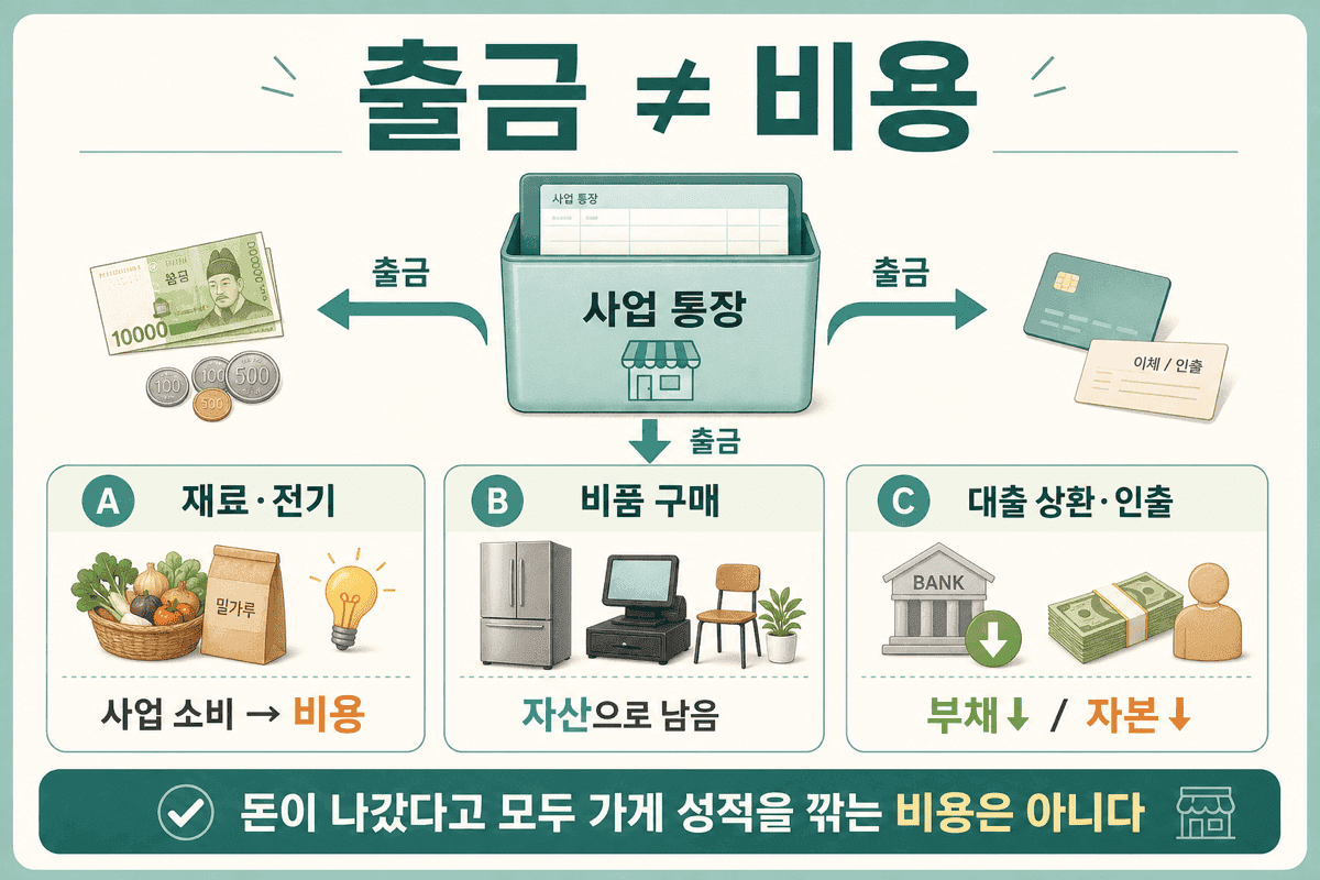 출금 ≠ 비용 — 재료비·비품·대출 상환·인출은 같은 화살표로 보이지만 의미가 다르다.