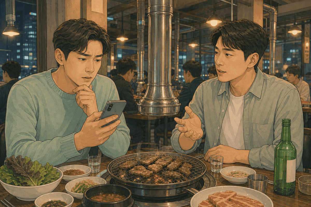 고깃집에서 소주를 나누며 통장 출금을 들여다보는 준수와 호일.