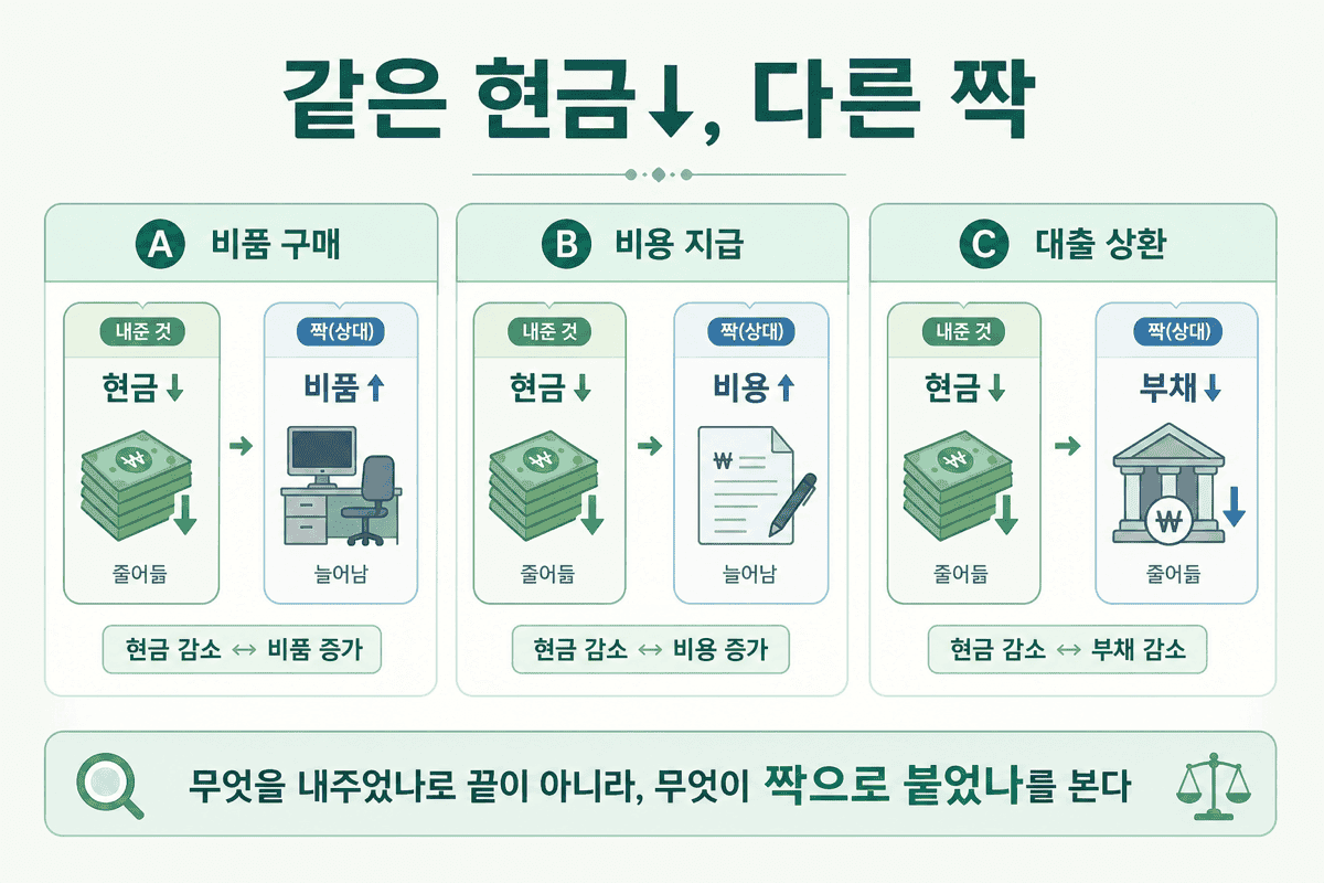 같은 현금↓, 다른 짝 — 비품·비용·부채 감소는 출금은 같아도 붙는 얼굴이 다르다.
