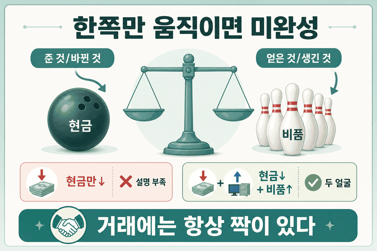 한쪽만 움직이면 미완성 — 현금만 줄었다고 적으면 설명이 부족하고, 짝이 붙어야 거래가 완성된다.