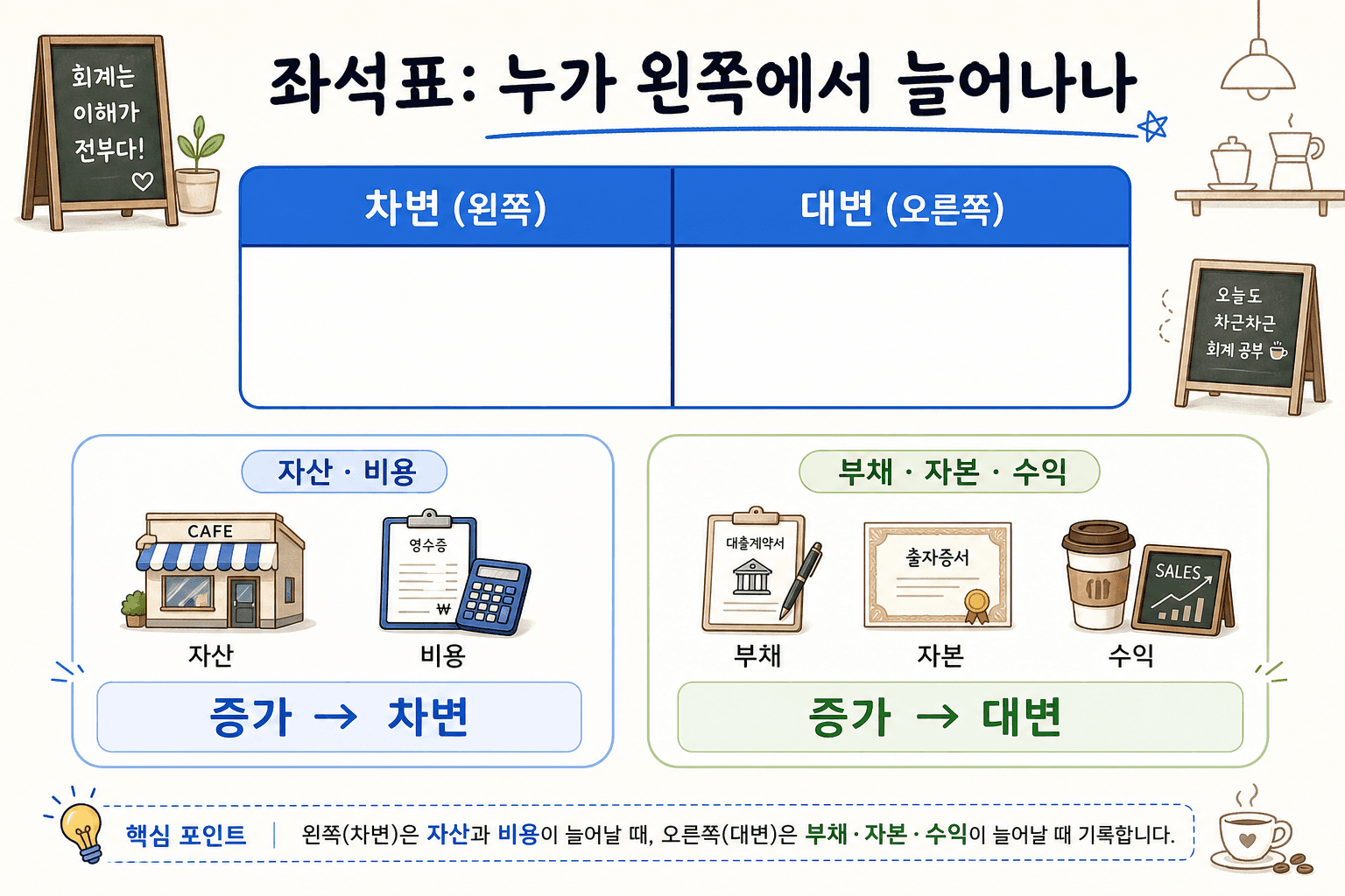 좌석표 — 차변(왼쪽)·대변(오른쪽), 자산·비용은 차변에서 증가, 부채·자본·수익은 대변에서 증가.