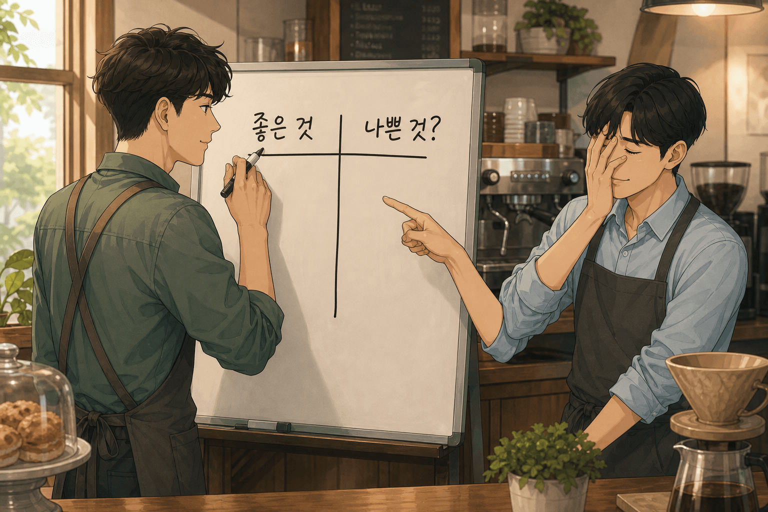 화이트보드에 T계정을 그려 ‘좋은 것/나쁜 것’으로 오해한 준수, 옆에서 지적하는 호일.