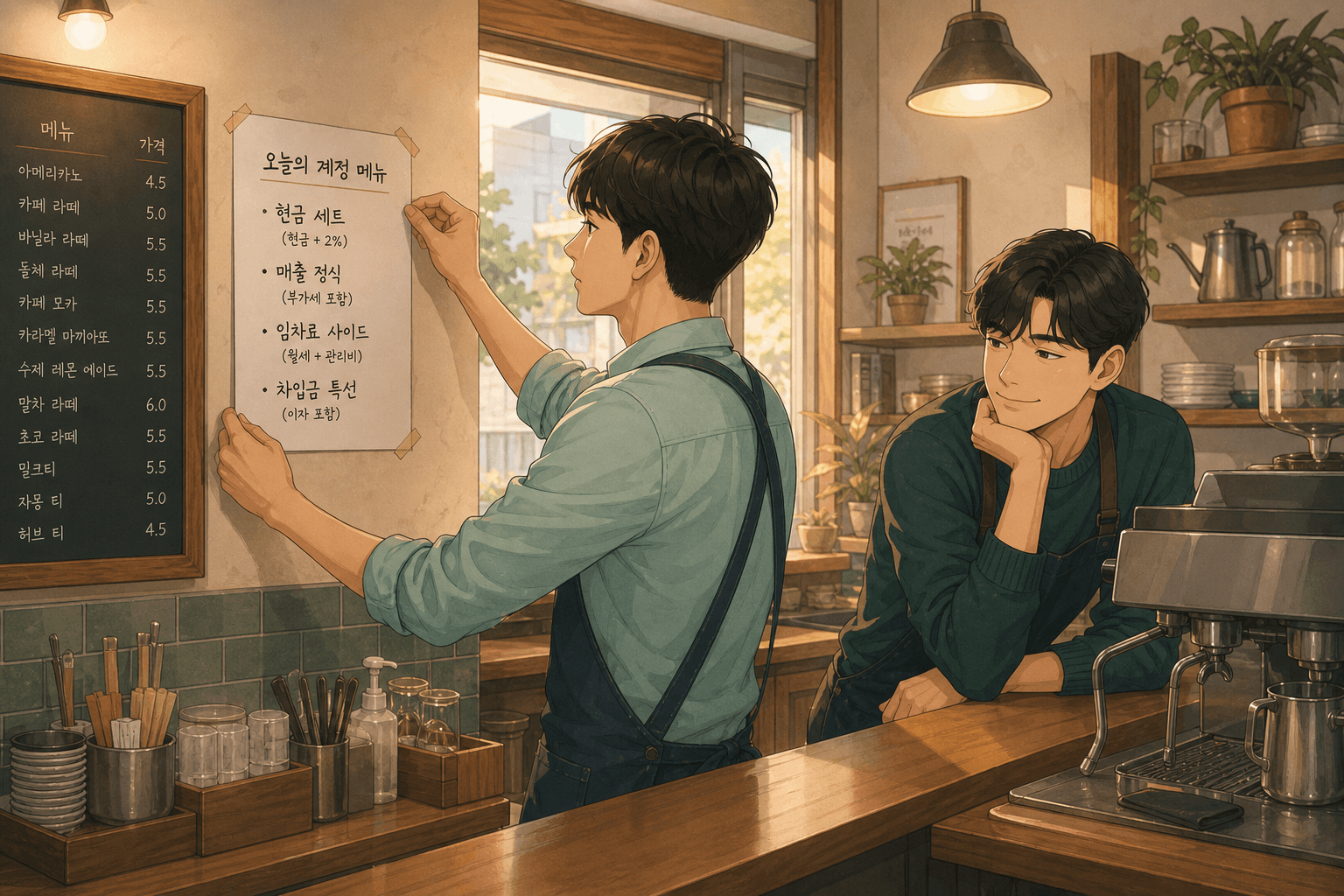 메뉴판 옆에 ‘오늘의 계정 메뉴’를 붙이는 준수, 카운터에서 웃는 호일.
